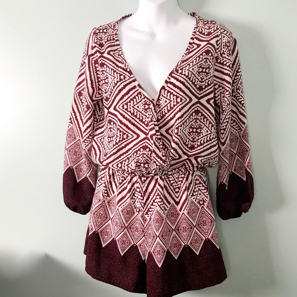2/$22 Olive Tree Maroon Tribal Print L/S Romper